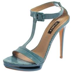 Le Silla Blue Croc Embossed Leather Embossed T-Strap Platform Sandals Size 37
