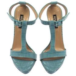 Le Silla Blue Croc Embossed Leather Embossed T-Strap Platform Sandals Size 37