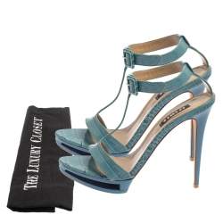Le Silla Blue Croc Embossed Leather Embossed T-Strap Platform Sandals Size 37