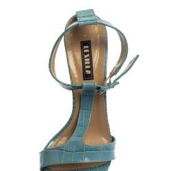 Le Silla Blue Croc Embossed Leather Embossed T-Strap Platform Sandals Size 37