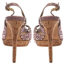 Le Silla Purple Crystal Embellished Leather Peep Toe Platform Sandals Size 38