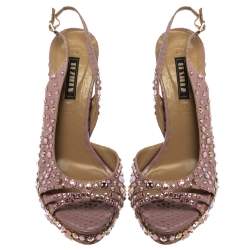 Le Silla Purple Crystal Embellished Leather Peep Toe Platform Sandals Size 38