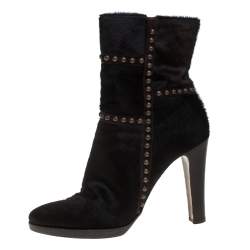 Pre Owned Le Silla Brown Calf Hair Studded Studded Ankle Boots Size 37