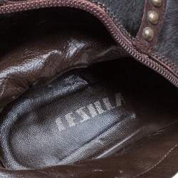 Pre Owned Le Silla Brown Calf Hair Studded Studded Ankle Boots Size 37