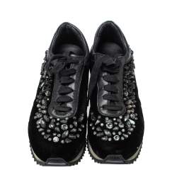 Le Silla Black Velvet and Leather Crystal Embellished Low Top  Sneakers Size 36.5