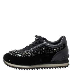 Le Silla Black Velvet and Leather Crystal Embellished Low Top  Sneakers Size 36.5