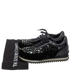 Le Silla Black Velvet and Leather Crystal Embellished Low Top  Sneakers Size 36.5