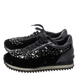 Le Silla Black Velvet and Leather Crystal Embellished Low Top  Sneakers Size 36.5