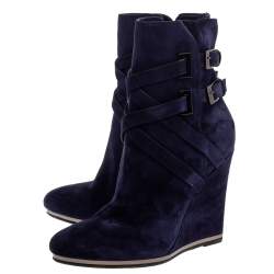 Pre Owned Le Silla Blue Suede Wedge Ankle Boots Size 38.5