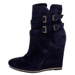 Pre Owned Le Silla Blue Suede Wedge Ankle Boots Size 38.5