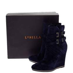 Pre Owned Le Silla Blue Suede Wedge Ankle Boots Size 38.5