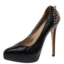 Pre Owned Le Silla Black Leather Spike Peep Toe Platform Pumps Size 36