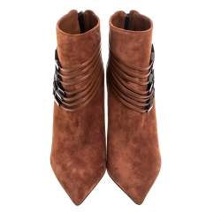Pre Owned Le Silla Brown Suede Strap Embellished Ankle Booties Size 37.5