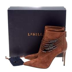 Pre Owned Le Silla Brown Suede Strap Embellished Ankle Booties Size 37.5