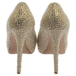 Pre Owned Le Silla Metallic Gold Leather Crystal Embellished Peep Toe Platform Pumps Size 40