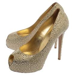 Pre Owned Le Silla Metallic Gold Leather Crystal Embellished Peep Toe Platform Pumps Size 40