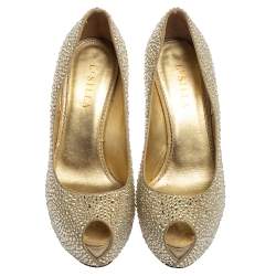 Pre Owned Le Silla Metallic Gold Leather Crystal Embellished Peep Toe Platform Pumps Size 40