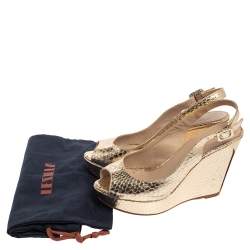 Le Silla Gold Python Embossed Leather Wedge Slingback Sandals Size 36