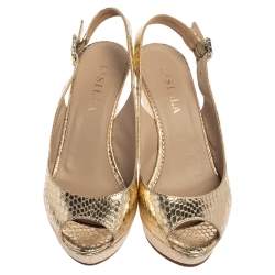 Le Silla Gold Python Embossed Leather Wedge Slingback Sandals Size 36