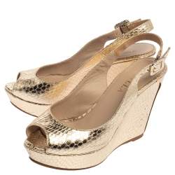 Le Silla Gold Python Embossed Leather Wedge Slingback Sandals Size 36