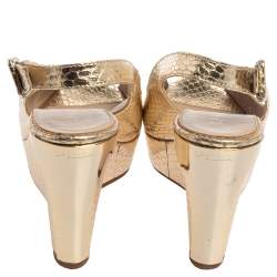 Le Silla Gold Python Embossed Leather Wedge Slingback Sandals Size 36