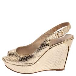 Le Silla Gold Python Embossed Leather Wedge Slingback Sandals Size 36