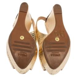 Le Silla Gold Python Embossed Leather Wedge Slingback Sandals Size 36