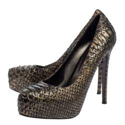 Le Silla Dark Green/Gold Python Leather Platform Pumps  Size 39