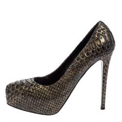 Le Silla Dark Green/Gold Python Leather Platform Pumps  Size 39