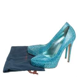 Pre Owned Le Silla Metallic Blue Crystal Embellished Leather Peep Toe Platform Pumps Size 37