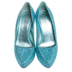 Pre Owned Le Silla Metallic Blue Crystal Embellished Leather Peep Toe Platform Pumps Size 37