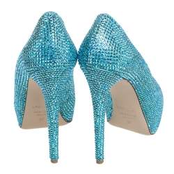 Pre Owned Le Silla Metallic Blue Crystal Embellished Leather Peep Toe Platform Pumps Size 37