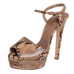 Le Silla Brown/Beige Python Ankle Strap Platform Sandals Size 40.5