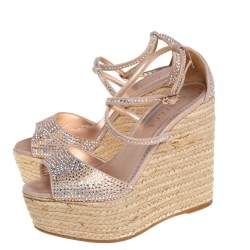 مملوكة مسبقًا Le Silla Pink Crystal Embellished Suede Espadrille Wedge Platform Ankle Strap Sandals Size 35.5