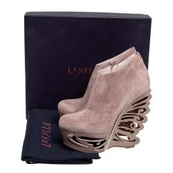 Pre Owned Le Silla Beige Suede Butterfly Wedge Booties Size 38