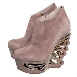 Pre Owned Le Silla Beige Suede Butterfly Wedge Booties Size 38