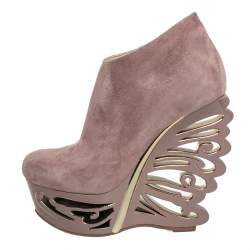 Pre Owned Le Silla Beige Suede Butterfly Wedge Booties Size 38