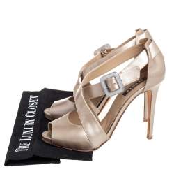 Le Silla Grey Patent Leather Platform Ankle Strap Peep Toe Sandals Size 37