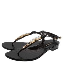 Pre Owned Le Silla Black Patent Leather Crystal Embellished Thong Sandals Size 37.5