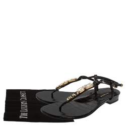 Pre Owned Le Silla Black Patent Leather Crystal Embellished Thong Sandals Size 37.5
