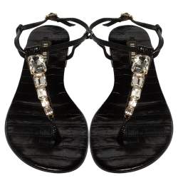 Pre Owned Le Silla Black Patent Leather Crystal Embellished Thong Sandals Size 37.5
