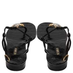 Pre Owned Le Silla Black Patent Leather Crystal Embellished Thong Sandals Size 37.5
