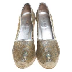 Pre Owned Le Silla Metallic Silver/Gold Lace Espadrille Wedge Pumps Size 37