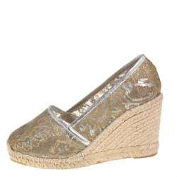 Pre Owned Le Silla Metallic Silver/Gold Lace Espadrille Wedge Pumps Size 37