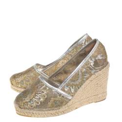 Pre Owned Le Silla Metallic Silver/Gold Lace Espadrille Wedge Pumps Size 37