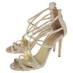Le Silla Metallic Gold Crystal Embellished Suede Open Toe Strappy Sandals Size 38