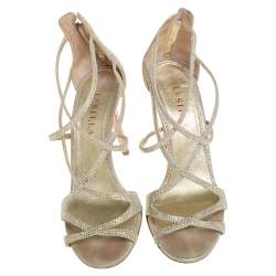Le Silla Metallic Gold Crystal Embellished Suede Open Toe Strappy Sandals Size 38