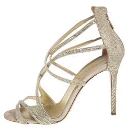 Le Silla Metallic Gold Crystal Embellished Suede Open Toe Strappy Sandals Size 38