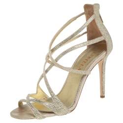 Le Silla Metallic Gold Crystal Embellished Suede Open Toe Strappy Sandals Size 38