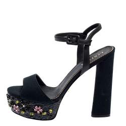 Pre Owned Le Silla Black Canvas Embellished Ankle Strap  Sandals Size 38.5